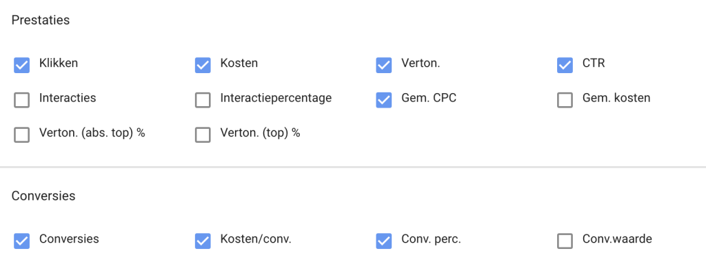 Google Ads kolommen instellen